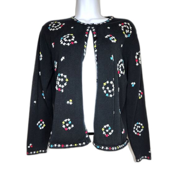 Talbots Petites Floral Cardigan Sweater Black Multicolor Knit Button Front Small - Picture 2 of 8